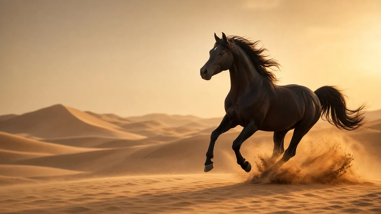 حصان عربي يركض فوق الكثبان الرملية في صحراء دبي عند الغروب